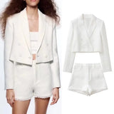 Fashion Single Buttons Cropped White Blazer Coat Vintage Side Pockets High Waist Shorts Female Chic Sets