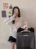 Zingj Spring And Summer New Korean Version Loose Hollowed-Out Sweater Pullover V-Collar Long-Sleeved Blouse Popular Style For