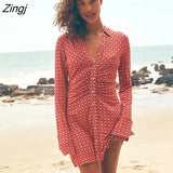 New Autumn Print Women Dress Long Sleeve Single Breasted Ruched Female Dress Elegant Casual Party Clubwear Vestidos