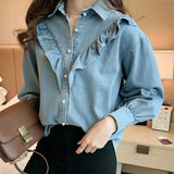 Style Ruffle Denim Blouse Women Casual Loose Long Sleeve Jean Shirt Female Elegant Plus Size 4XL Spring Blue Denim