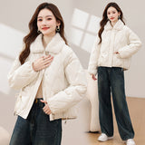 Foreign Style Cotton-Padded Clothes Women 2024 New Winter New Chinese Cotton-Padded Jacket Bow Splicing Wool Collar Thick Coat Women's Clothing-Outfit