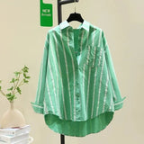 2025 Spring And Autumn New Korean Version Of Small Fresh Cardigan Striped Single Pocket Loose Lanky Long Sleeve Shirt