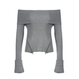 Desire Atmosphere Sense With Open-Shoulder Zipper Hem Pink Long-Sleeved Sweater New Fall 2023