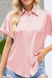 Office Lady Tops Satin Shirt Casual Fashion Women Short Sleeve Loose Blouse Turn Down Collar Button Clothes Elegant