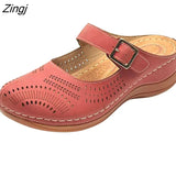 New Women Flat Shoes Mules For Women PU Leather Round Head Sandals Closed Toe Sandals Women Slipper Non-slip Retro