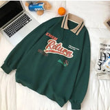 New Button Polo Collar Oversized Long Sleeve Women Hoodie Casual Harajuku Vintage Letter Print Sweatshirt Chic