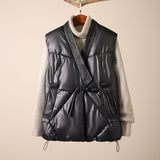 2024 Autumn Winter New Literature And Art Retro Plate Buckle Short Padded Jacket Vest Female Loose Thin Cross V Collar Vest-Outfit