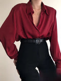 Button Blouses Turn Down Collar Shirts Office Lady Long Sleeve Casual Blouse Loose OL Shirt Baggy Tops Red/Wine Red
