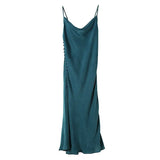 2022 Summer Vintage Women Satin Slip Dress with Slit Black Spaghetti Strap Silk Sexy Long Party