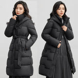 Over The Knee Cotton Clothes In The Long Winter New Fashion Waist Belt Show Thin Warm Coat Temperament Solid Color Cold Clothing-Outfit