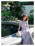 Elegant Backless Satin Midi Dresses for Women 2023 Korean Fashion Sleeveless Slim Evening Party Female Casual