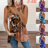 Women V Neck Zipper Sleeveless Top Summer Sexy Women Rose Printed T Shirt Fashion Loose Casual Plus Size Shirts