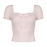 Fresh Romantic Pure Color Square Collar Bubble Sleeve Girl T-Shirt Ins Trend Slim Casual Blouse New