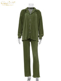 Casual High Wasit Pants Set Women Autumn Long Sleeve Blouses Matching Wide Trousers Suit Green Pleated 2 Piece Pant