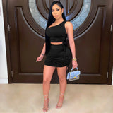 Sexy Two Piece Set One Shoulder Hollow Crop Top Draped Bodycon Mini Dress for Women Vacation Outfits Club Matching