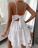 Summer Dress Solid Color Crochet Spaghetti Strap V-Neck Backless Tied Braces Short Dress for Girls