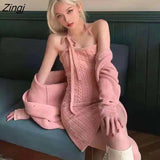 Women Solid Cardigan Sleeveless Dresses Outfit Mini Slim Elegant Sweet Autumn Knitted Soft Females Lovely Trendy Party