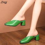 2023 Green Slip-on Slippers High Heeled Womens Mules Pumps Peep Toe Square Heel Autumn Casual Sandals Slipper