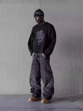 Loose Wide-Leg Retro American High-Set Retro Black Patchwork Hole Jeans