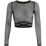 Zingj Summer Women's Wish Sexy Hollow Out Net Hole Basic Crop Umbilical Lace Long Sleeve Top T-Shirt
