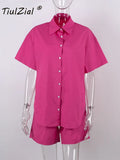 Summer Casual Short Set Pocket Tracksuit Loungewear Co-ord Women Outfits Long Oversized Shirt And High Waist