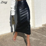 Women Autumn Sexy High Waist Bodycon Skirt Fashion Adults Slim-fit Solid Color Slit Leather Long Skirt