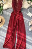 Women Hollow Out Lace Romper Female Black/Yellow/Red Round Neck Sleeveless High Waist Patchwork Wide Leg Jumpsuits