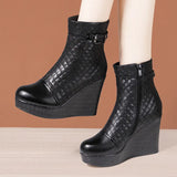 Autumn And Winter New Martin Boots Women's Leather Thick-Soled Waterproof Table High Heel Slope Show Thin Short Boots Women's Short