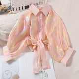 Woman Blouses Sparkles Shinning Chiffon Shirts Button Up Women's Blouse shirts Tied Up Waist Transperant