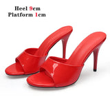 Summer Slippers Women Shallow Solid Color One word with Home Sandals Beach Shoes Sexy High Heels 7cm Thin Heels Pu Women