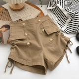Waist short Pants Women's Summer Double Breasted Metal Decoration Fake Pocket High Street Casual Drawstring A-shaped