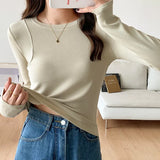 Casual Simple White Round-Collar Long-Sleeved Bottomed Blouse For Girls In Autumn, A Slim And Slim