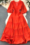 Vintage Women Pleated Long Dress Elegant V-Neck Puff Short Sleeve High Waist A-Line Ruffle Draped Big Swing Maxi Robe