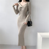 Zingj V-Collar Long-Sleeved Knitted Dress Skirt Autumn And Winter 2024 New Sweater