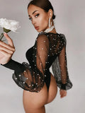 Pearl Mesh Puff Sleeve Bodysuit Women Tops See Through Skinny Bodycon Body Suit Rompers Basic Black Sexy