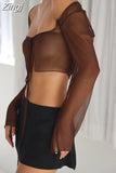Zingj 2023 Sexy Y2K Women Mesh Sheer T-shirts Exposed Navel Crop Tops Long Sleeve Square Neck Tie-Up See Through 211-1-Outfit