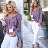 V Neck summer printed Flora lace Up chiffon blouse Ladies Long Sleeve Shirts blusas mujer de moda
