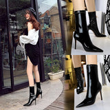 Zingj Fashion And Sexy Nightclub Show Thin Bright Face Lacquer Leather Elastic Show Thin Pointed Short Boots Winter Thin