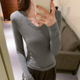 V-Collar Slim Wrinkle Waist Long-Sleeved T-Shirt Women's Autumn And Winter New Plush Plush Bottomed
