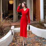 Zingj Vintage 2024 Autumn Design With Long-Sleeved V-Collar Knitted Dress, High Waist And Hip Hair