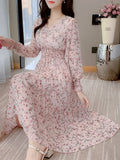 Summer Mujer Fashion Female Vintage Printed Long Sleeve Loose Chiffon Dress Women Casual A-line Long Dresses
