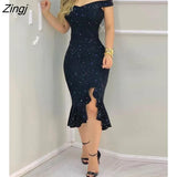 Women Fashion Elegant Sexy Glitter Off Shoulder Ruffles Slit Midi Dress Sexy Party Solid Red Black Bodycon