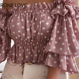Women Off Shoulder Polka Dot Print Off Shoulder Layered Shirred Top Women Summer