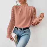 Spring And Autumn New Solid Color Half Height Folding Spliced Wavy Lotus Leaf Side Long Sleeve Yarn