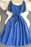 Vintage Women Lace Patchwork Midi Dress Elegant Square Collar Short Puff Sleeve Big Swing Casual Vestidos Female 2023