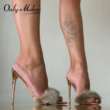 Onlymaker Peep Toe Mules Artificial Fur Slip On Gold White Thin High Sandals Big Size High Quality Summer Women Brand
