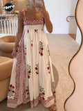 Flower Printed Large Hem Strap Long Dress For Women Elegant Square Neck Sleeveless Maxi Dresses Lady Party Holiday