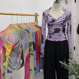 Tie-Dye-Print Long Sleeve Bottom Sexy Hottie V-Neck T-Shirt Folded Slimming Mesh Yarn Top