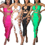 Summer Bodycon Dress Women Fashion Streetwear Backless Halter Midi Dresses Party Hollow Sheath Bohemian