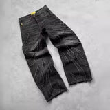 Ancient Bat Pattern Embroidered Loose Jeans Men's Street Y2K Pants Lazy